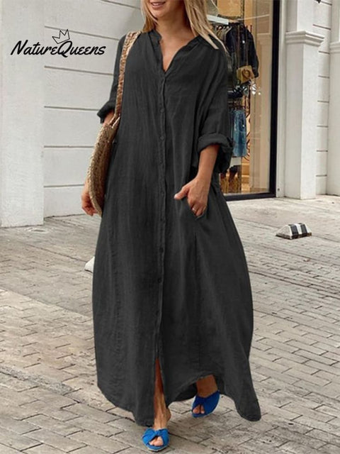 Casual Cotton And Linen Shirt Dress Black / S