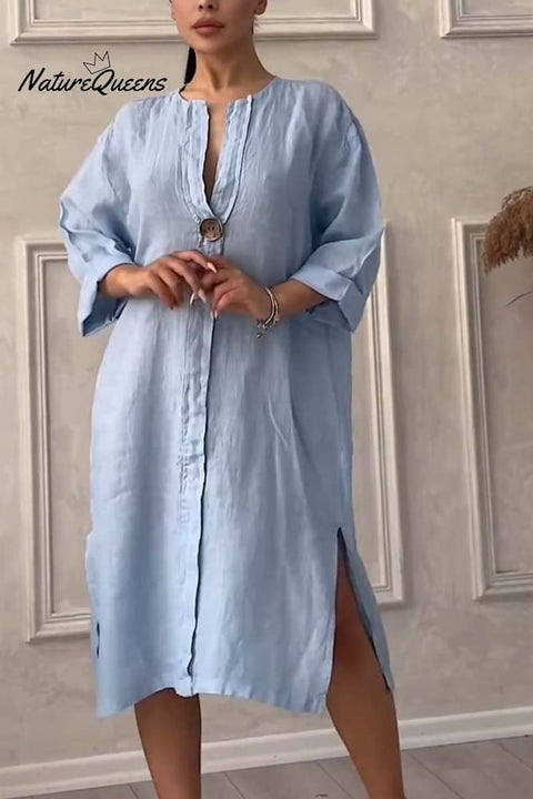 Casual buttoned cotton and linen dress