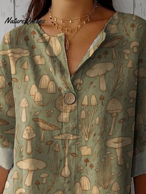 Assorted Wild Mushrooms Repeat Pattern Printed Women's Casual Cotton Linen Shirt