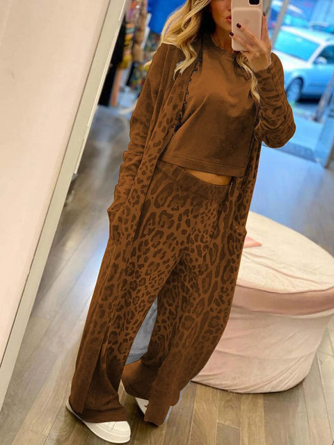 Women's Leopard Print Long Sleeve Cardigan Jacket And Long Pants Two Piece Set Outfit