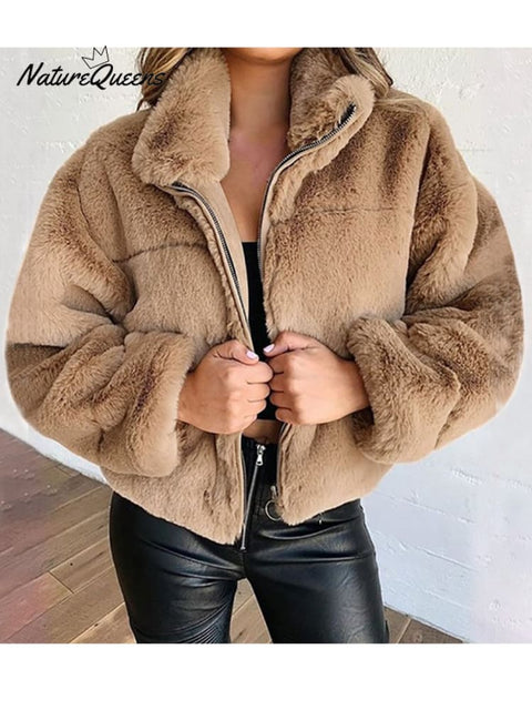 Autumn and Winter Imitation Fur Zipper Cardigan Plush Warm Jacket