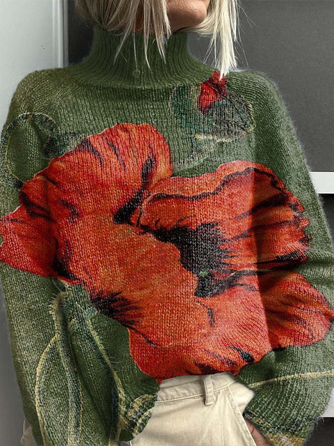 Red Big Flower Decorative Pattern Knit Turtleneck Pullover Sweater