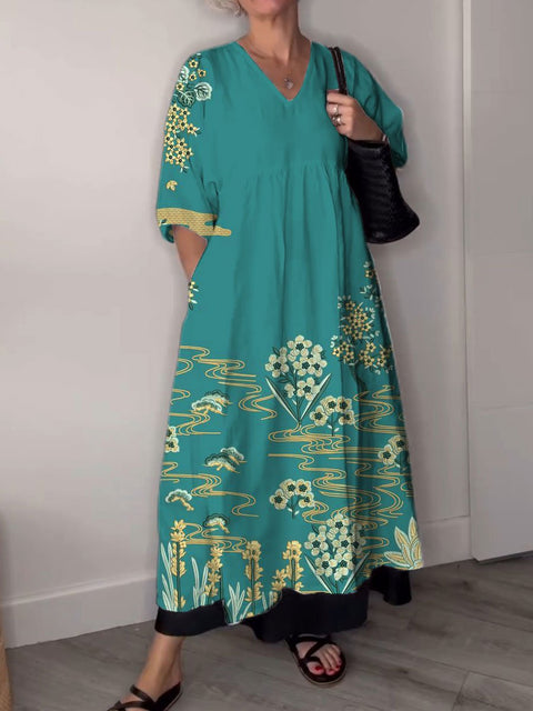 Women's Florals Art  Print Pocket V-neck Cotton Dress