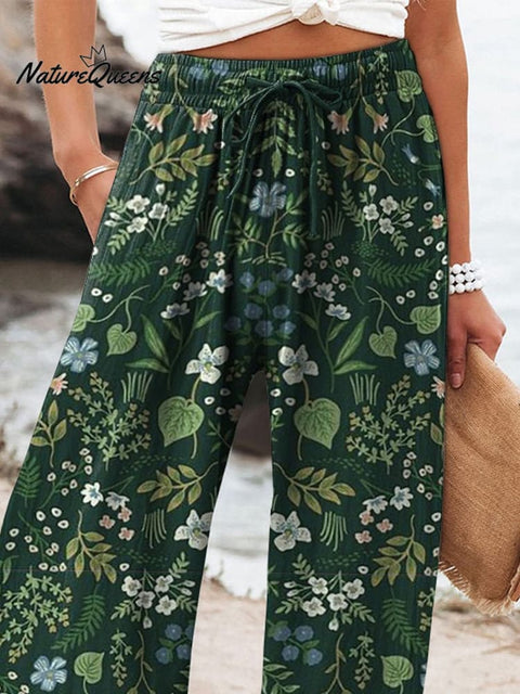 Lively Botanical Garden Pattern Printed Women's Cotton And Linen Casual Pants