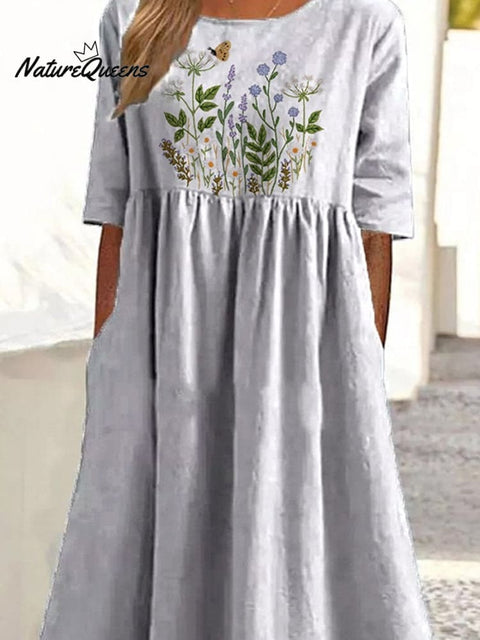 Embroidery Style Floral Bush Pattern Printed Women's Pocket Cotton Dress