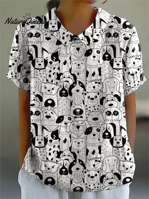 Doodle Puppy Dogs Repeat Pattern Printed Women's Casual Cotton And Linen Shirt