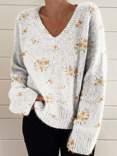 Yellow Small Flower Decorative Pattern Casual V-neck Pullover Knit