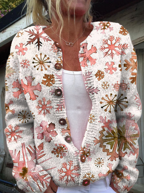 Pink Snowflakes Print Buttoned Cardigan Sweater