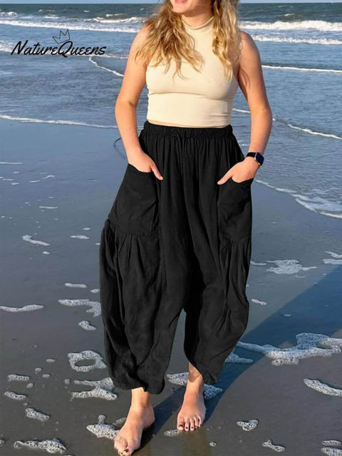 Women's Stylish Casual Fashionable Elastic Waist Loose Cotton Linen Pants