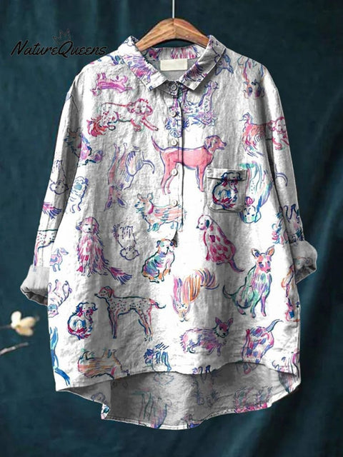 Watercolor Puppy Dog Pattern Printed Women's Casual Cotton And Linen Shirt