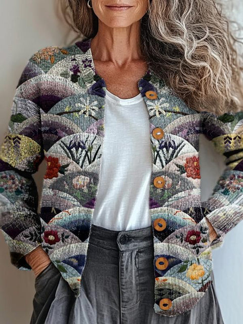 Retro Patchwork Pattern Printed Buttoned Cardigan Sweater