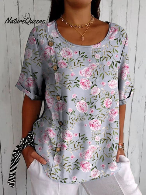 Elegant Pink French Rose Pattern Printed Women's Casual Cotton Shirt