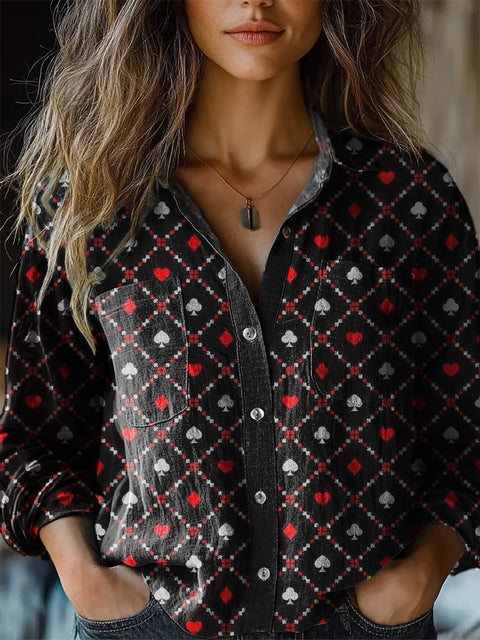 Poker Card Pattern Printed Women's Casual Long Sleeve Comfortable Cotton Shirt