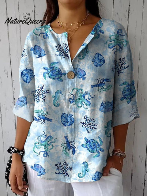 Ocean Blue Sea Creatures Pattern Printed Women's Casual Cotton Linen Shirt
