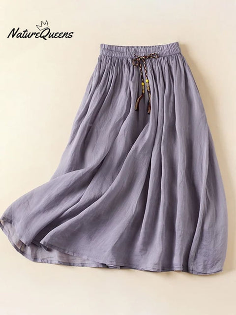 Women's Literary Loose Elasticated Waist Midi Midi A-line Skirt