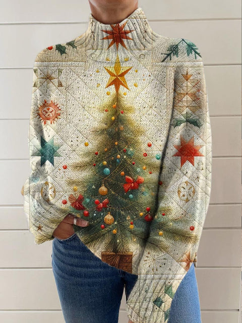 Women's Lovely Christmas Tree Art Print Knit Turtleneck Pullover Sweater