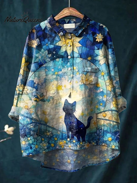 Women's Beautiful Blue Little Black Cat Print Casual Cotton And Linen Shirt