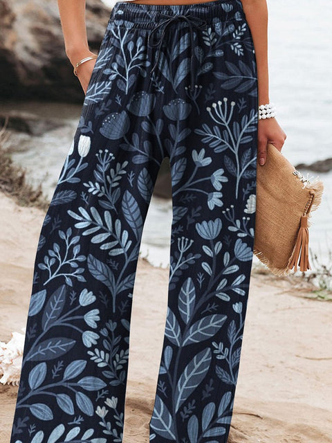 Tranquil Floral Garden Pattern Printed Women's Cotton And Linen Casual Pants