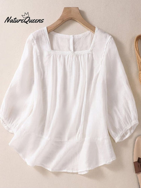 Cotton Linen Square Neck Loose Pullover Shirt