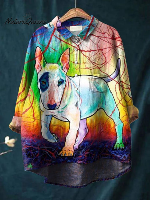 Women's Dog Art Print Casual Cotton And Linen Shirt