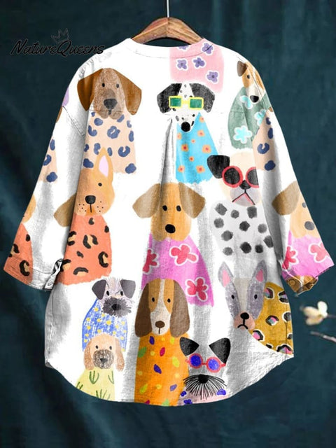 Women's Colorful Cartoon Dog Print Casual Cotton And Linen Shirt