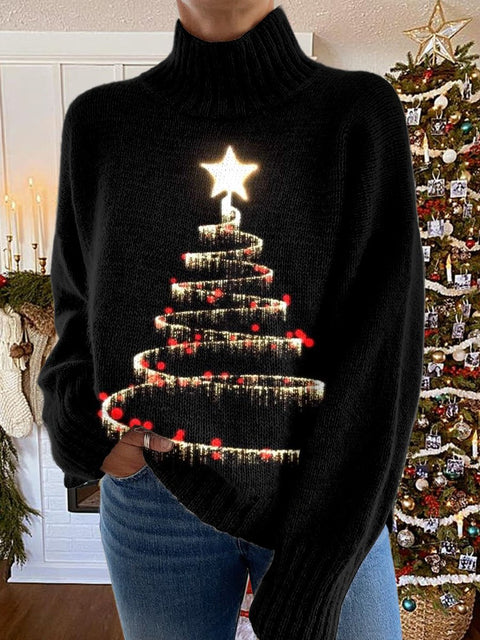 Glitter Christmas Print Knit Turtleneck Pullover Sweater