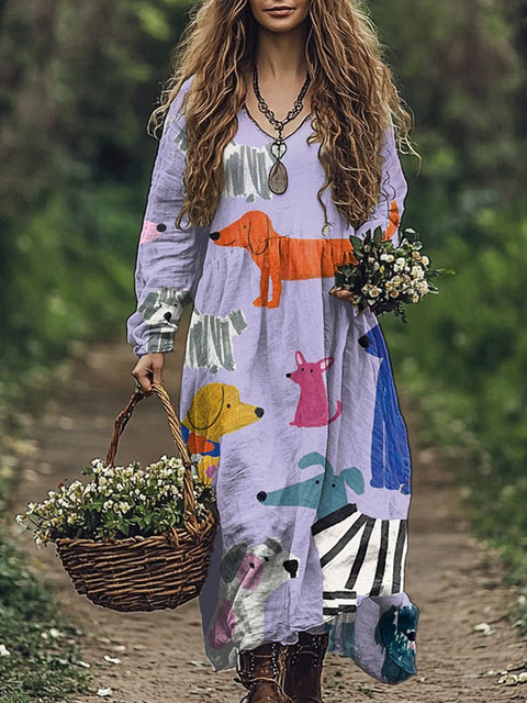 Women's Funny Dog Art Print Pocket Cotton Dress