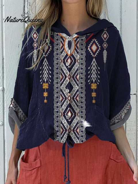 Ethnic Style Geometric Pattern Printed Women's Hooded Drawstring Linen Casual Blouse