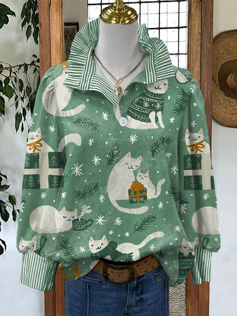 Women's Lovely Winter Cats Art Print Casual Long Sleeve Comfortable Cotton Shirt