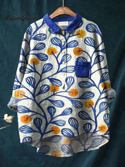 Blue Floral Decorative Pattern Casual Cotton And Linen Shirt