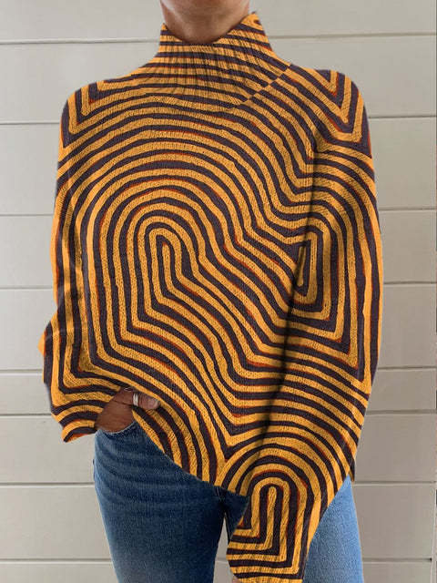 Abstract Irregular Geometric Yellow Stripes Print Knit Turtleneck Pullover Sweater