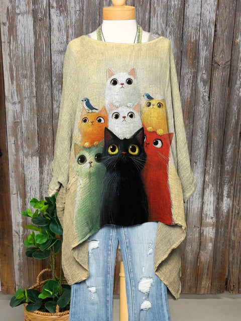 Funny Cat Family Art Printed Women's Pocket Cotton Top