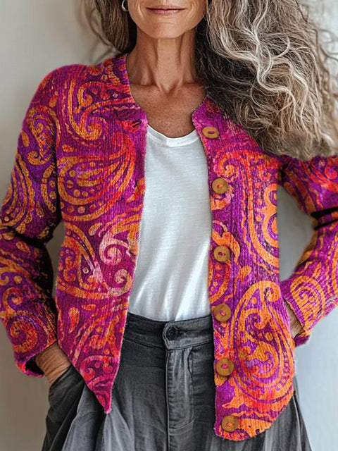 Watercolor Paisley Pattern Printed Buttoned Cardigan Sweater