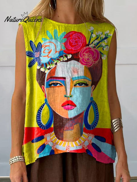 Oil Painting Freda Portrait Art Printed Women's Casual  Cotton And Linen Tank Top