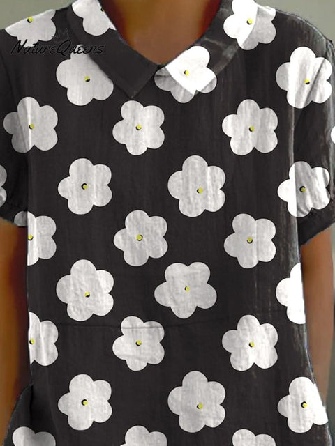 Spring Daisy Floral Pattern Printed Women's Casual Cotton And Linen Shirt