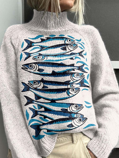 Sardines Decorative Pattern Knit Turtleneck Pullover Sweater