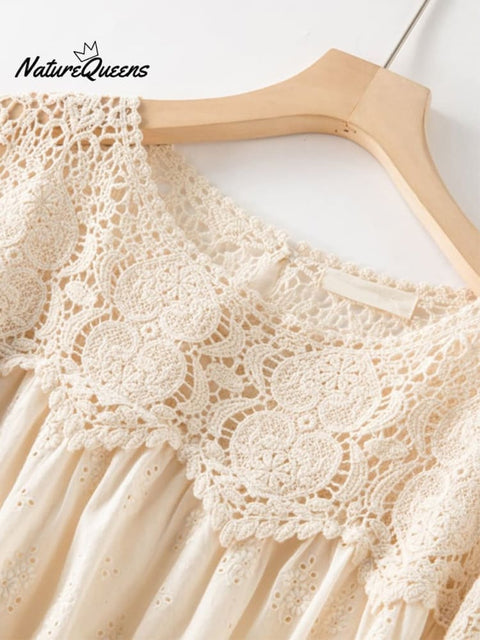 Literary Embroidered Chain Link Hollow Lace Dress