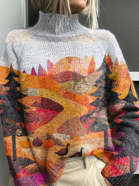 Autumn Colors Art Painting Print Knit Turtleneck Pullover Sweater