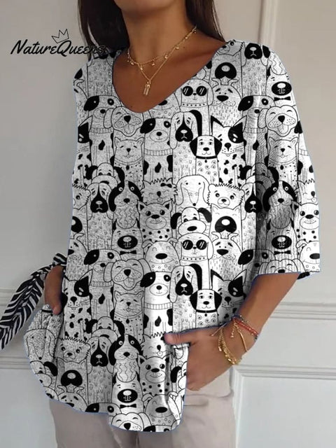Doodle Puppy Dogs Repeat Pattern Printed Women's Casual Pullover Knit