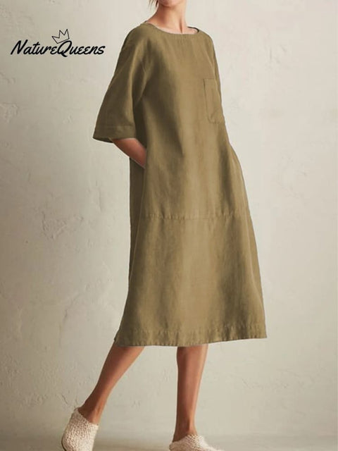 Round - Neck Mid - Sleeve Cotton Linen Pocket Dress Khaki / S
