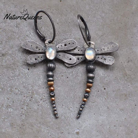 Round Moonstone Dragonfly Earrings
