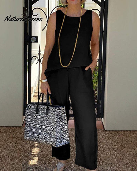 Casual Comfort Cotton Linen Sleeveless Two-piece Set