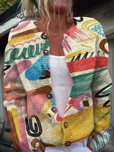 Abstract Doodle Decorative Pattern Buttoned Cardigan Sweater