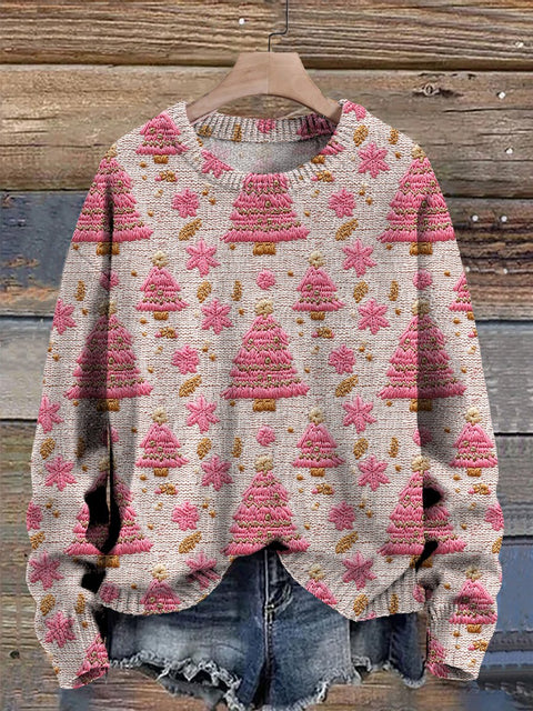 3D Embroidery Stitch Christmas Tree Pattern Printed Knit Pullover Sweater