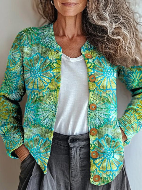 Watercolor Block Print Sunflower Pattern Printed Buttoned Cardigan Sweater