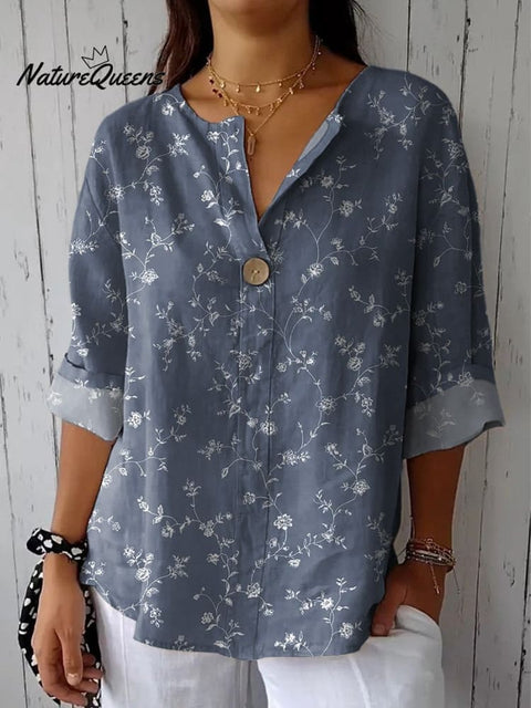 Small Floral And Vine Pattern Printed Women's Casual Cotton Linen Shirt