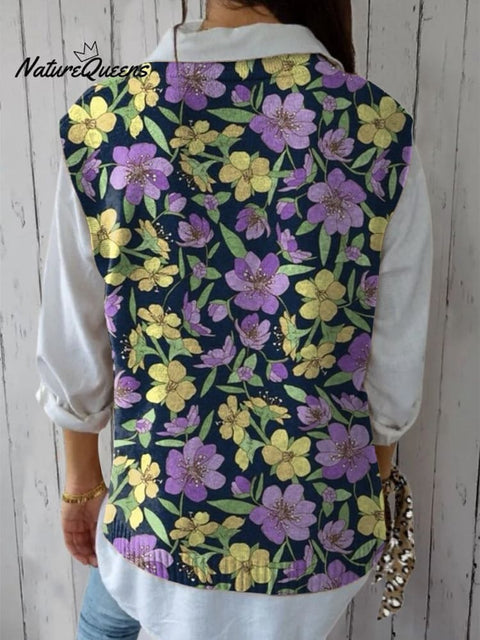 Retro Style Purple And Yellow Floral Pattern Printed Women's Versatile Knitted Vest
