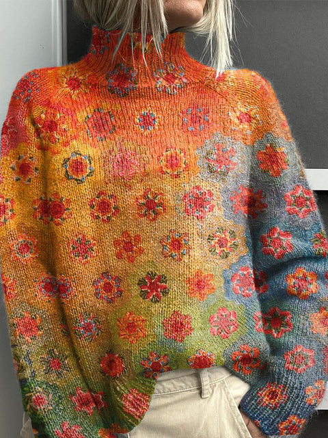 Gradient Retro Florets Print Knit Turtleneck Pullover Sweater
