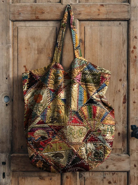 Retro Patchwork Pattern Printed Linen Tote Bag