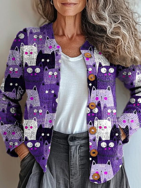 Watercolor Cat Pattern Printed Buttoned Cardigan Sweater